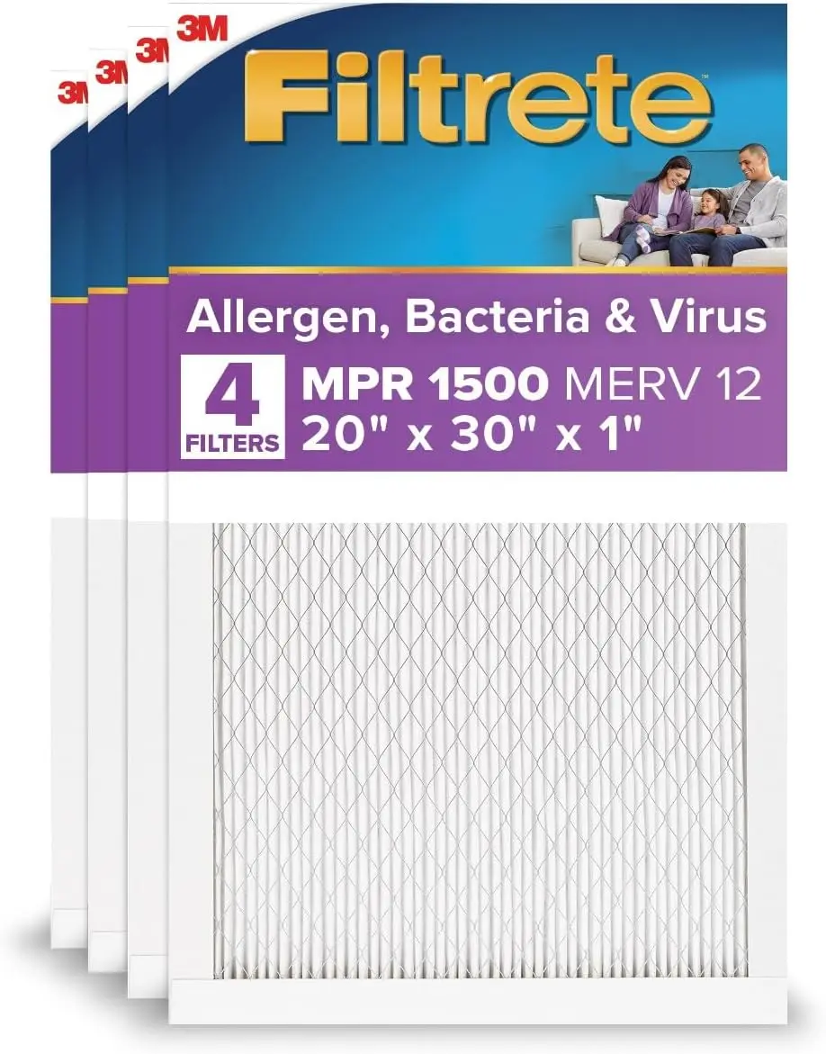 

20x30x1 MERV 12 Air Filter, MPR 1500, Asthma & Allergy Friendly, 3-Month Pleated Electrostatic, 4-Pack
