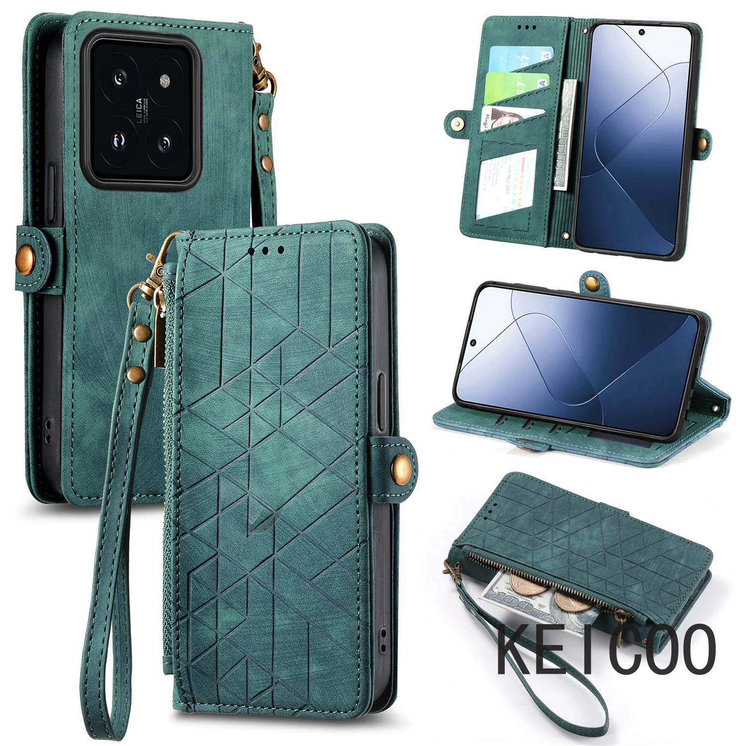 Anti-Scratch Shell for Xiaomi 14 POCO C40 C31 12S Pro Geometric Zipper Wallet Cases Business Anti-fall Call Convenient Cover