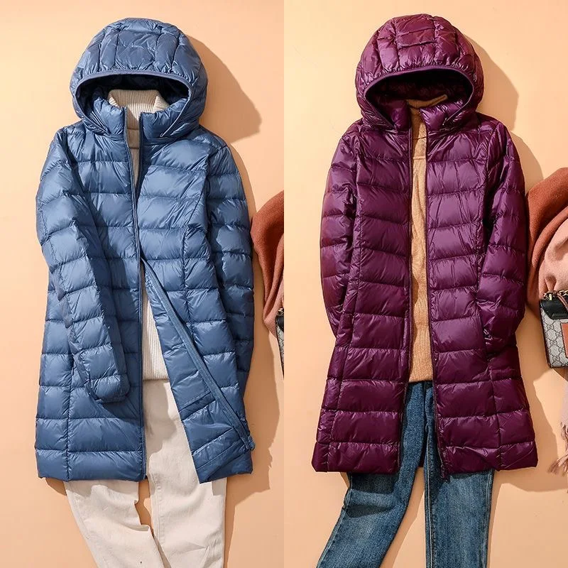 

Autumn Winter Women X-long Ultra Light Weight Down Jacket 2024 New Female Ultra Light Hat Detachable Slim Fit Puffer Jacket