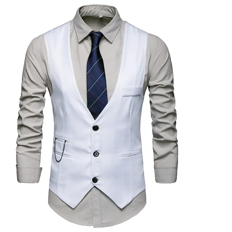 Summer New Men\'s Solid Color Suit Vest British Slim-Fitting Waistcoat Single Row Three Buckle Vest