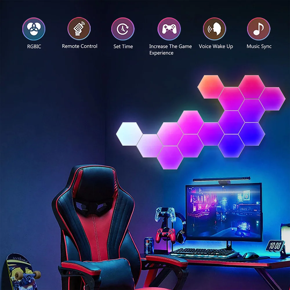 Smart Bluetooth LED Hexagon Wall Light RGB APP/Remote Control Geometric Modular Music Sync Night Light Game Living Room Decor