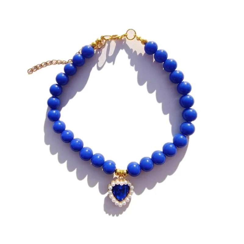 Colorful Adjustable Dog Collar Cat Pearls Necklace with Rhinestones Heart Charm Pet Puppy Jewelry Female Puppy Chihuahua Yorki