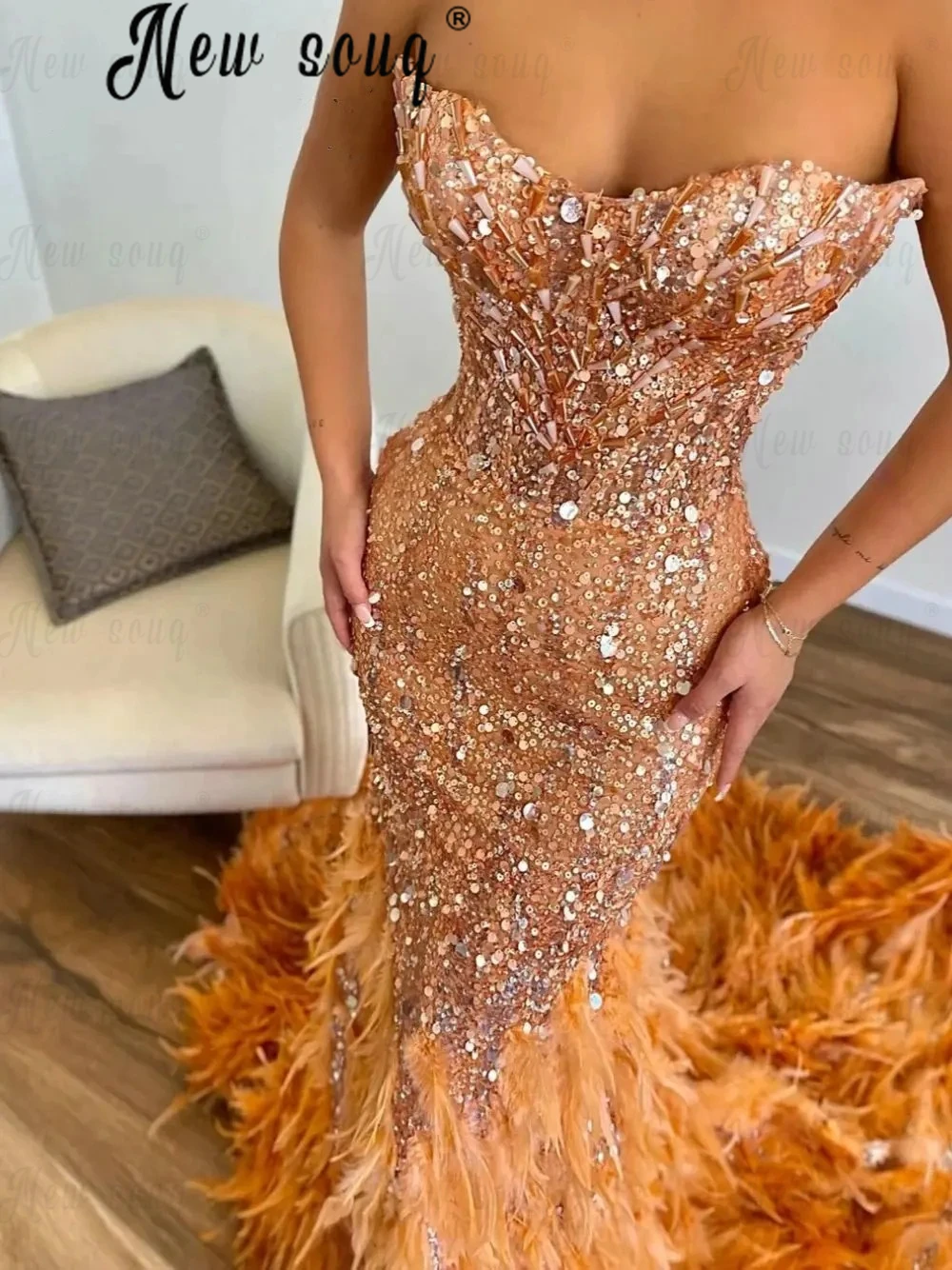 Feathers Luxury Orange Prom Dresses Long Mermaid Sequins Wedding Party Gowns For Women Birthday Formal Evening Dresses Dubai