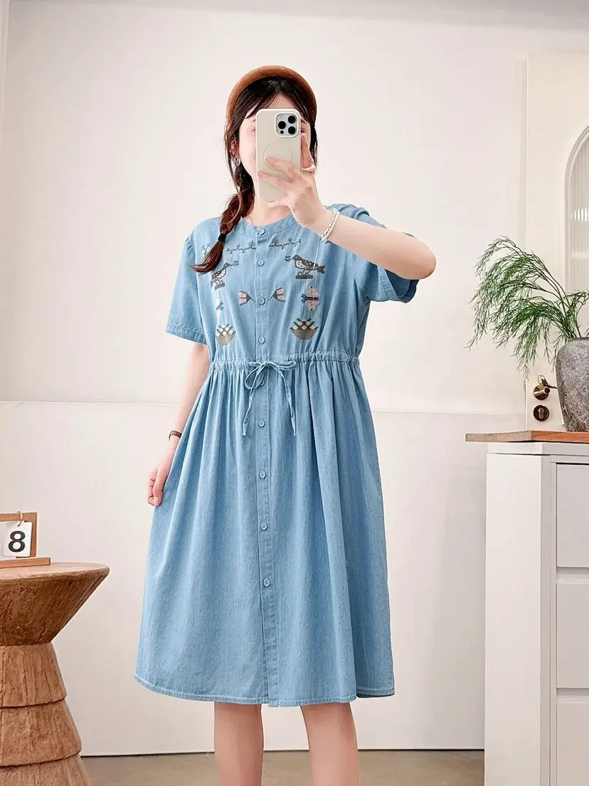 New 2026 Summer Women Short Sleeve Denim Dresses, O Neck Bird Embroidery, Mori Girl Casual Age Reduction Loose Dress D65666CC
