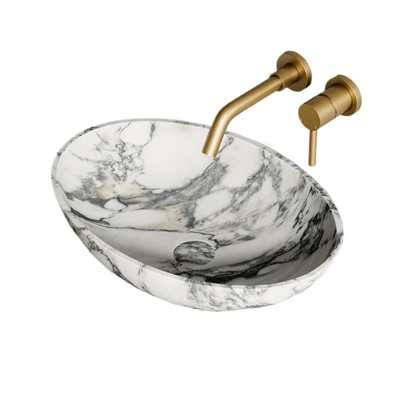 

Natural marble table wash basin oval single basin small apartment high-end balcony bathroom