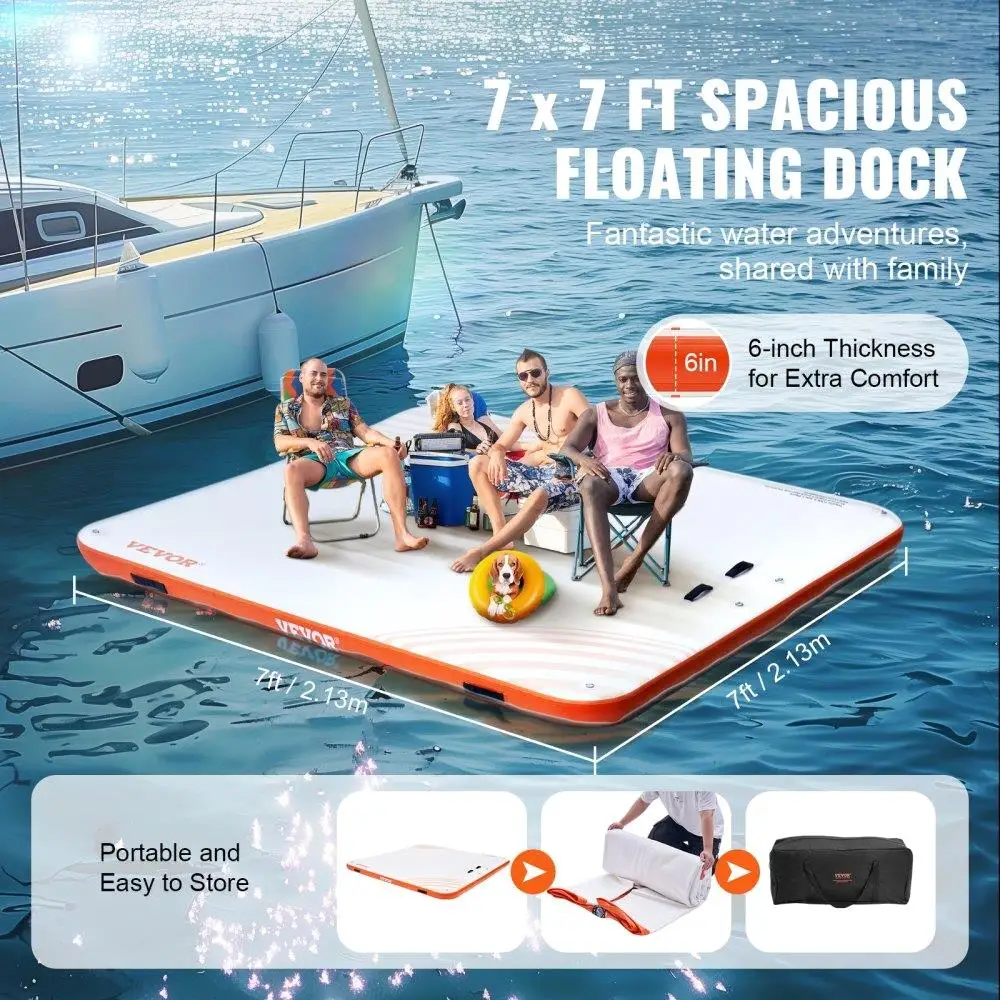 7x7FT Inflatable Floating Dock Platform with Non-Slip Mat, Portable Carry Bag & Detachable Ladder for pool , Beach & Ocean Fun