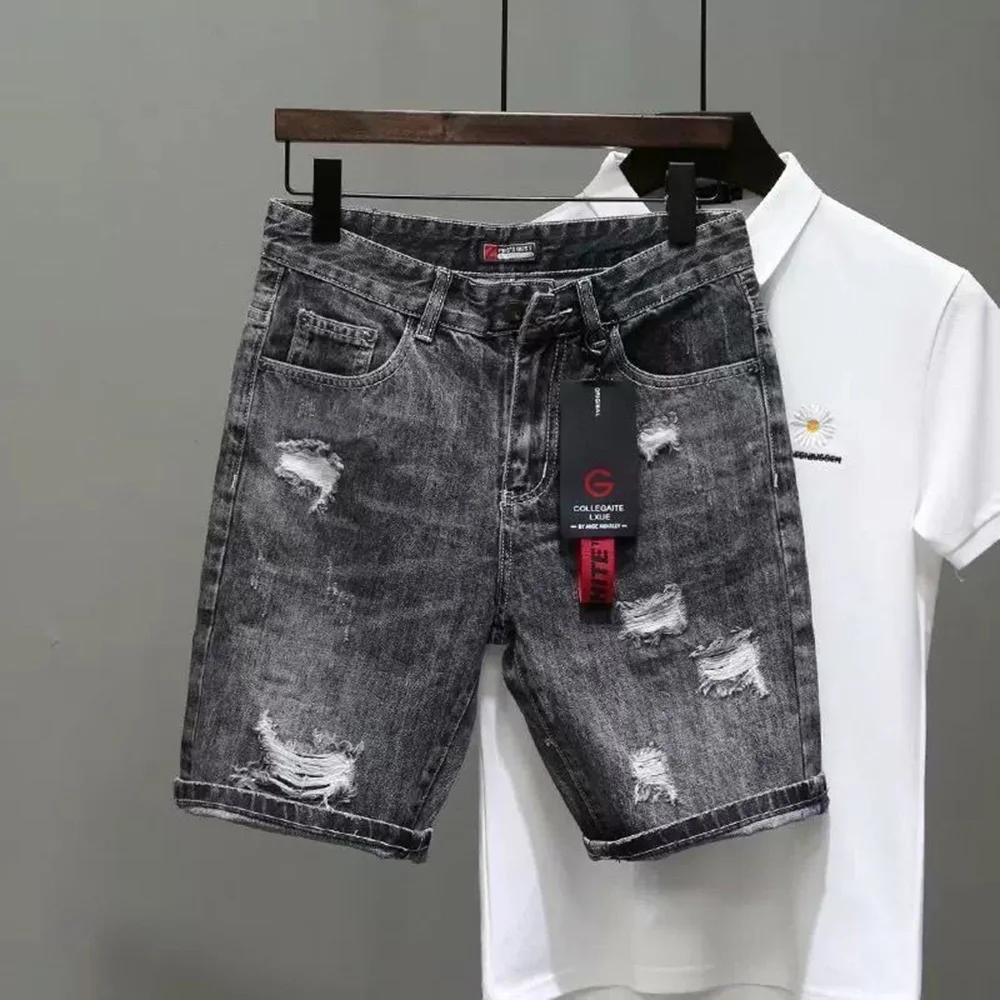 

Summer Men's Y2k Solid Color Washed Ripped Denim Shorts Korean Casual Fashion Trend Street Hip-Hop Loose Niche Men's Bottoms