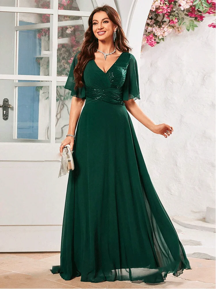 Vestido de noite com decote em v, manga curta, verde escuro, lantejoulas, chiffon, até o chão, para mulheres, brilhante, dama de honra, casamento, dança, baile