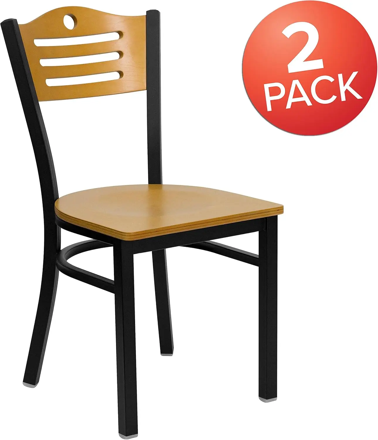 Black Slat Back Metal Restaurant Chair, Natural Wood Back e Seat, Pack 2