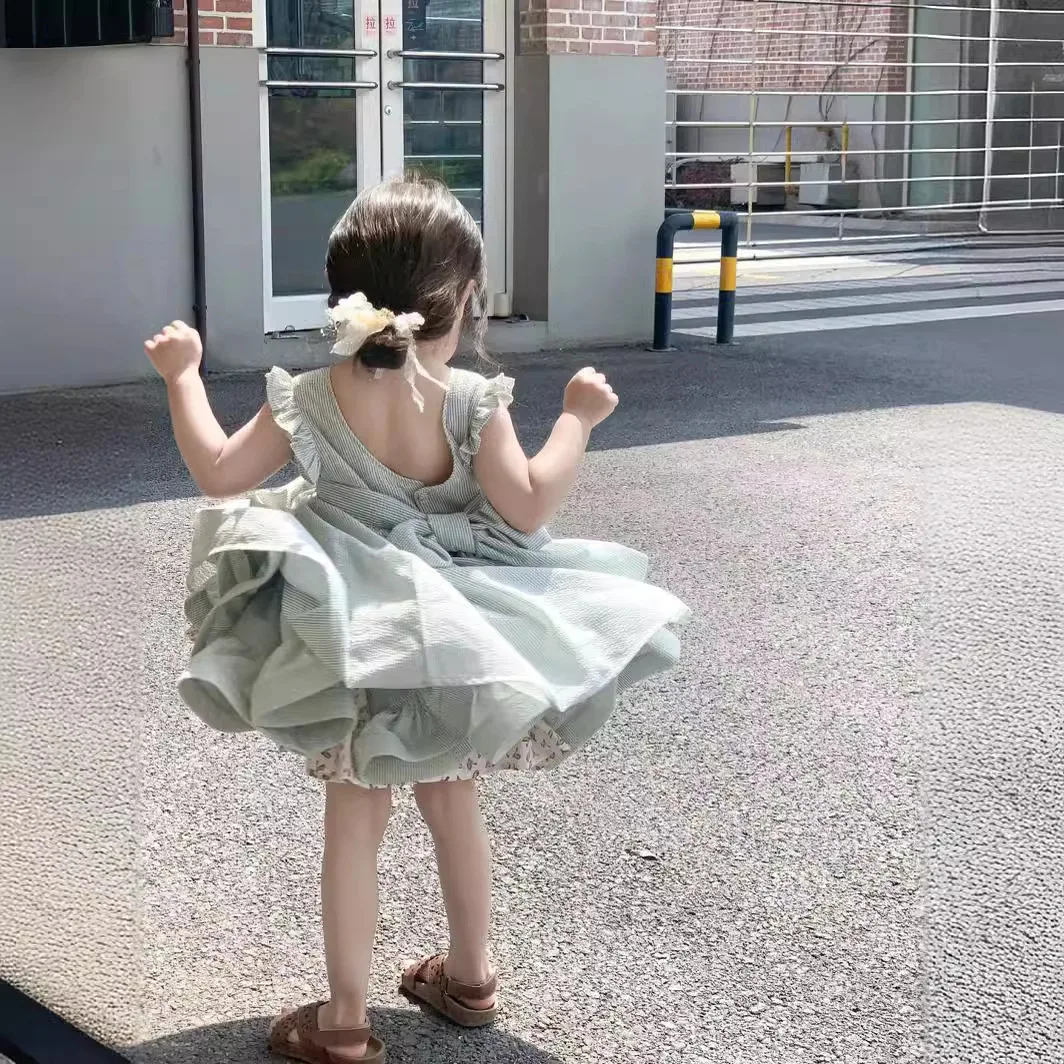 2025 Girls' Summer Dress Princess Puff Sleeveless Dress Korean Retro Princess Mint Green Lotus Leaf Edge Big Swing