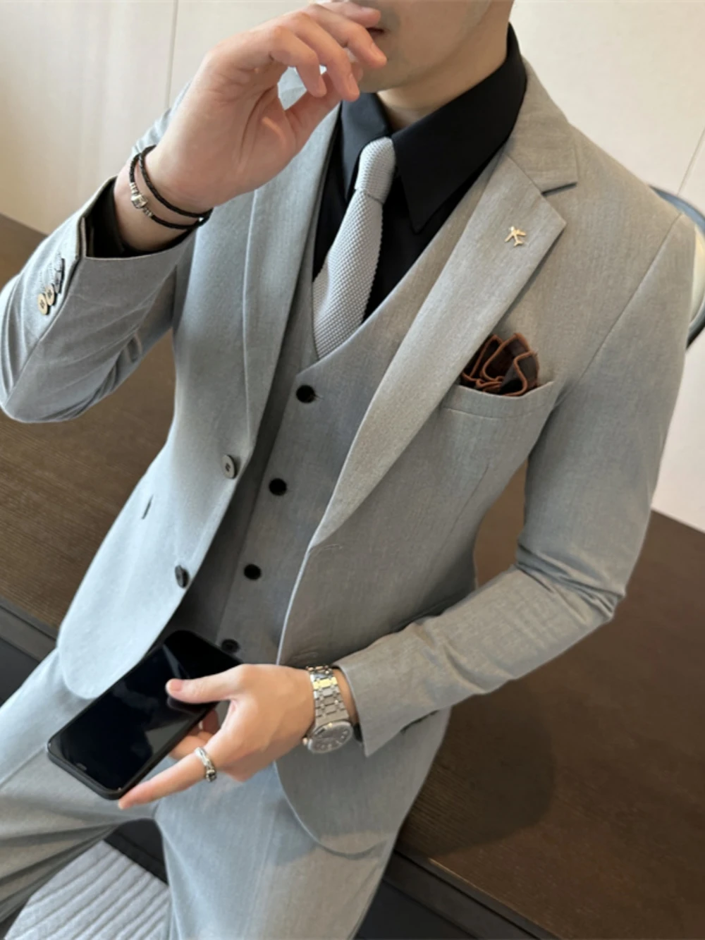 Solid Men's Slim Fit Suits Formal Business Set Autumn Notched Lapel Suit Jacket Man Wedding Groom Sets Chic Full Sleeve Tuxedo