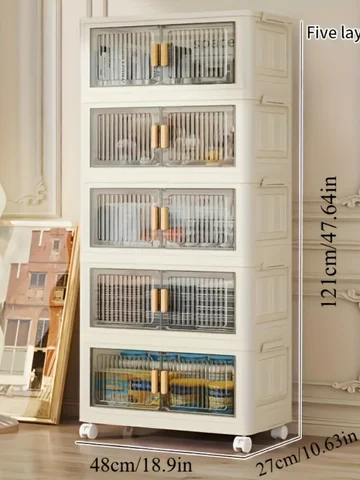 Stackable Practical Storage Cabinet with Doors and Wheels - Spacious Multi-functional Plastic Organizer - Practical Storage Rack