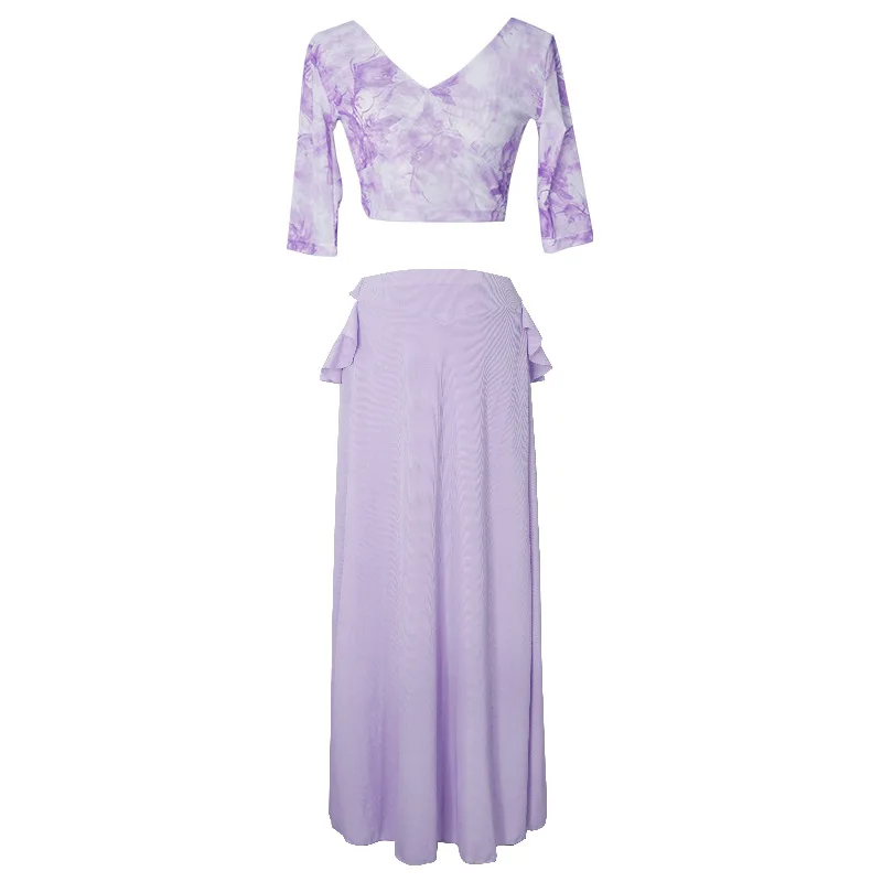 NewBelly 댄스 의상 캐주얼 연습 옷 섹시한 프린트 메쉬 퍼포먼스 의류 롱 스커트 퍼포먼스 의류 슈트