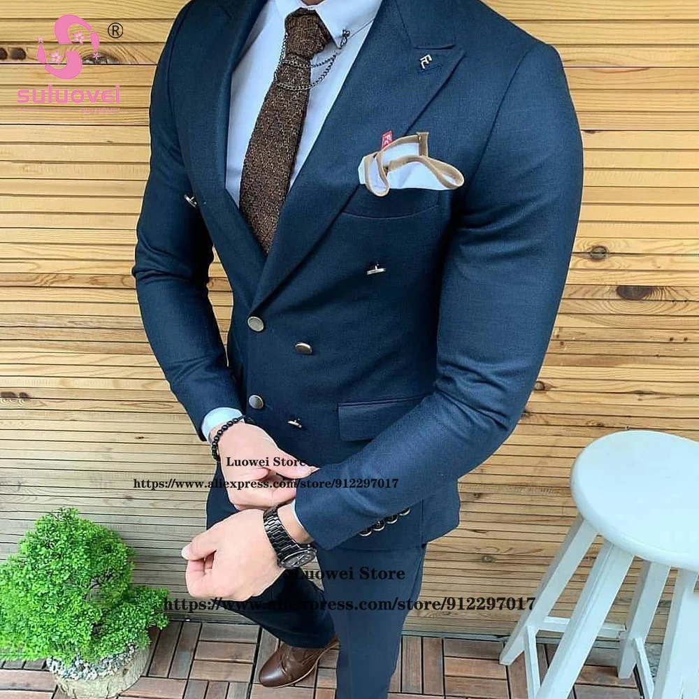 

Fashion Double Breasted Men Suit Slim Fit 2 Piece Jacket Pants Set Formal Groom Wedding Peaked Lapel Tuxedo Male Business Blazer