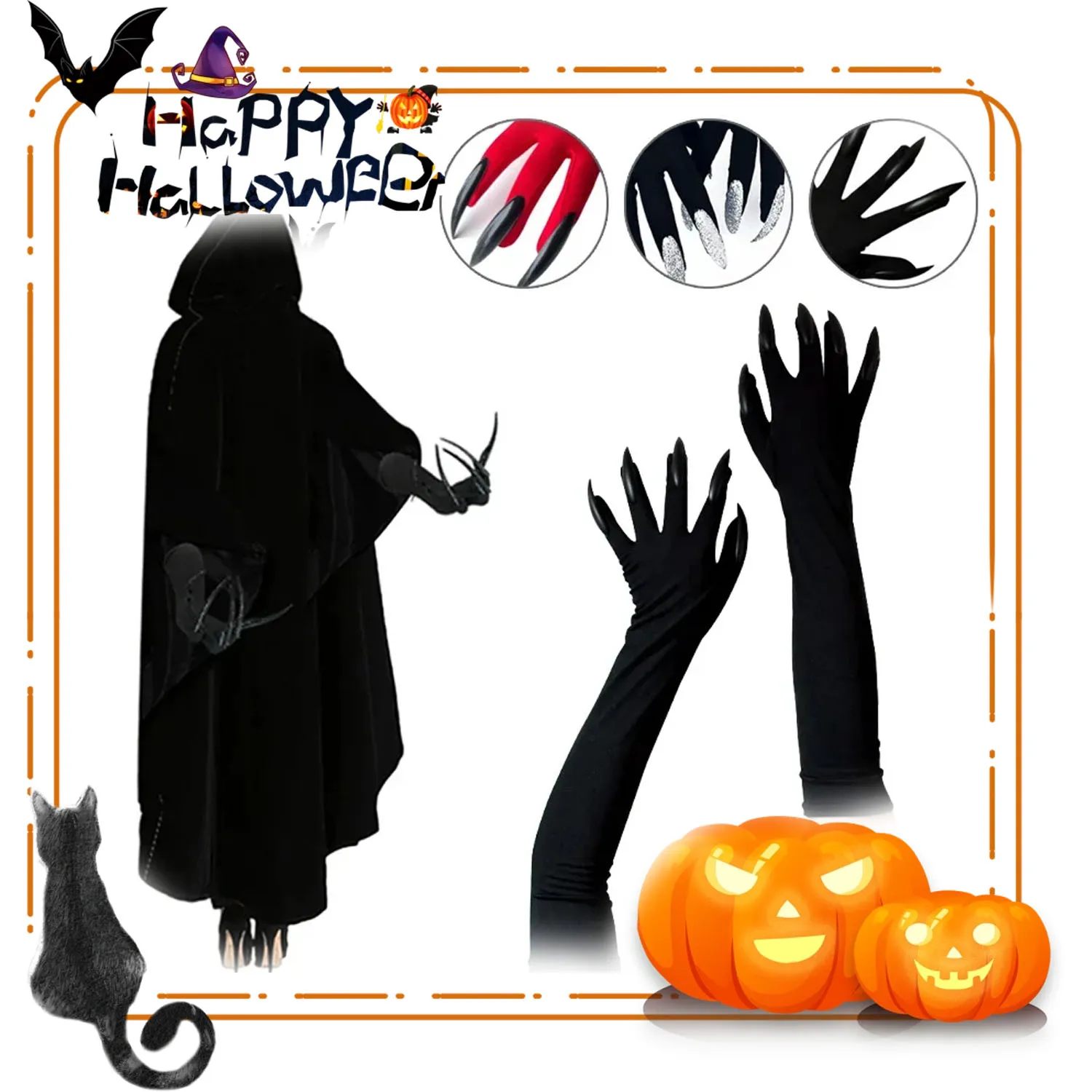

Halloween Witch Gloves with Long Nails Stretchy Spooky Costume Gloves for Adults, Perfect for Witch, Vampire (Black/Red)