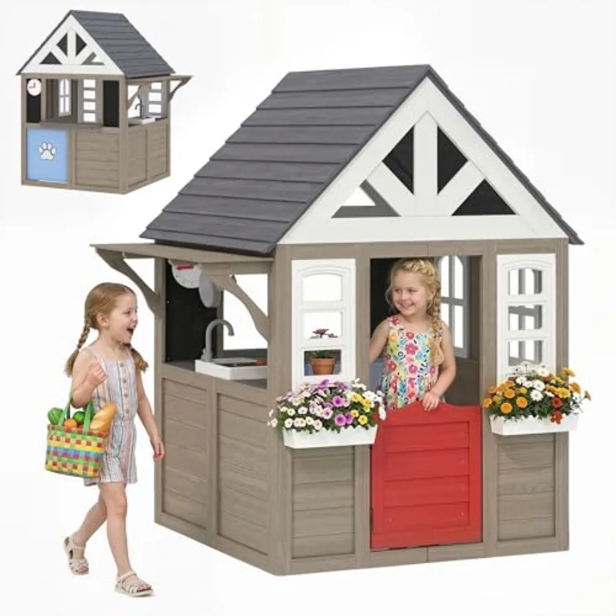 Outdoor Playhouse Wooden Playhouse with Dog Door Flower Box Gray Cottage, Cookware Window, Backyard Garden, Indoor Playroom, Im