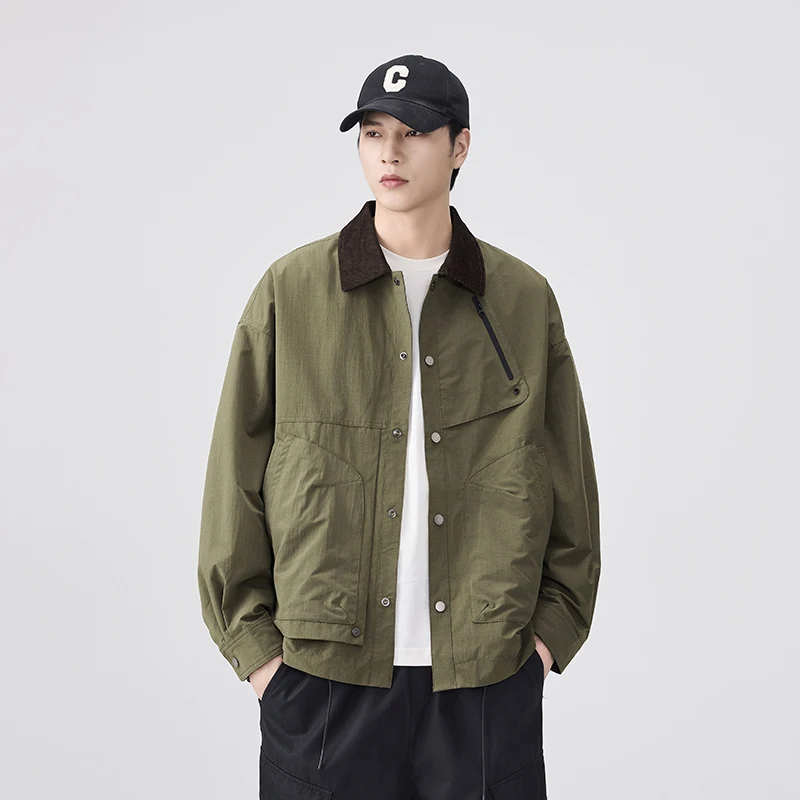 Spring Autumn Splice Lapel Windbreaker Jacket Men Japanese Streetwear Outdoor Fashion Loose Casual Cargo Jacket Coat Outerwear