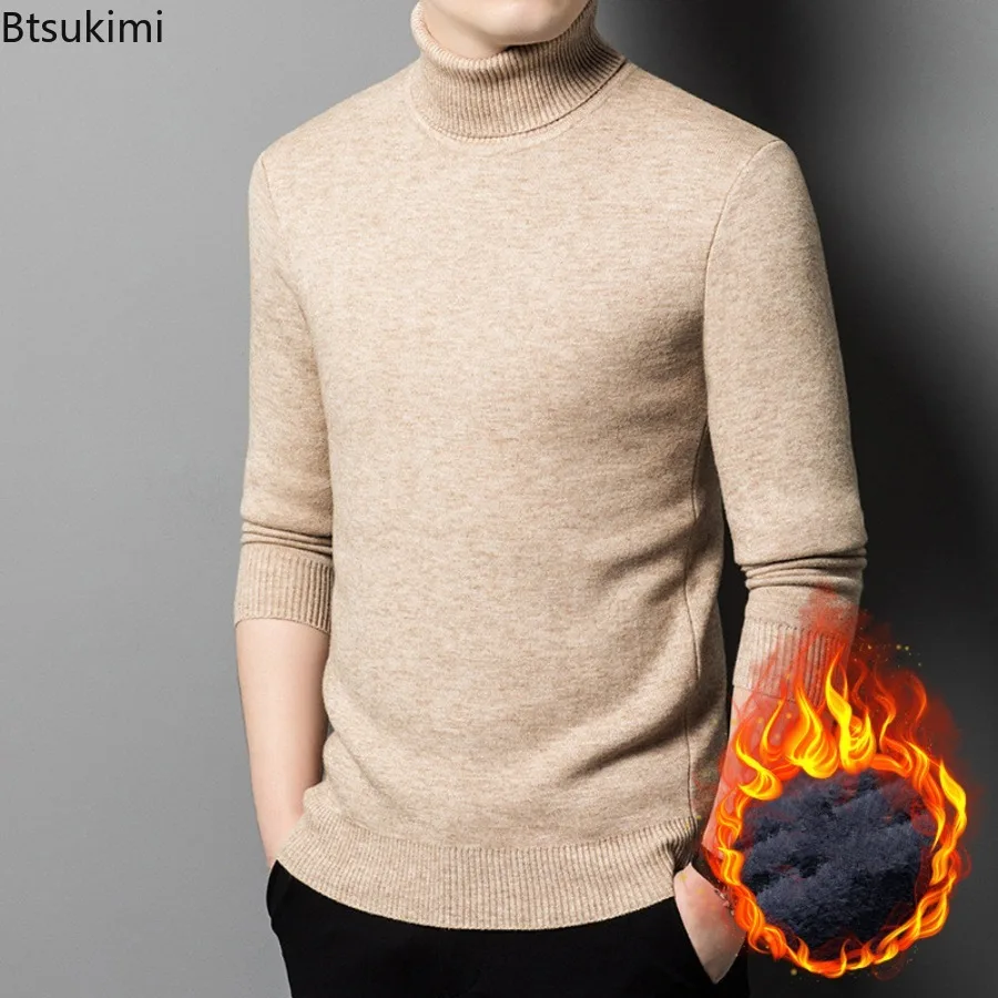 

New 2026 Turtleneck Sweaters Men's Autumn Winter Thick Knitted Sweaters Added Velvet Solid Color Casual Base Pullovers for Men
