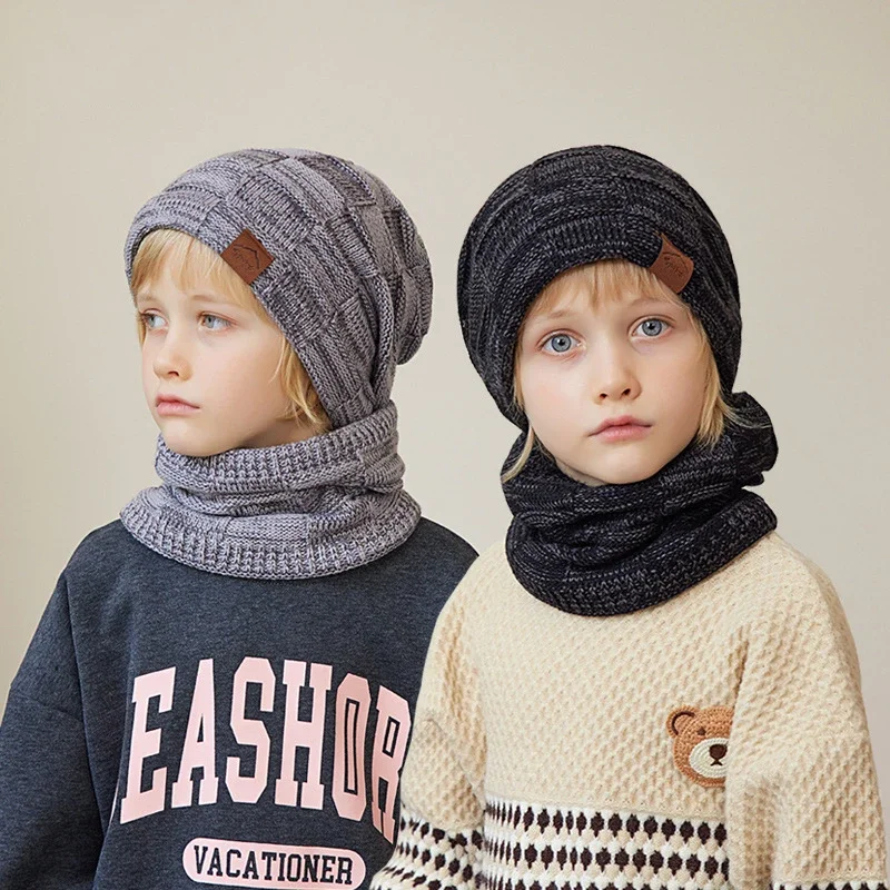 Winter Hat Gloves Scarf Set for Kids Boys Girls Warm Ear Protection Knitted Hat Plush Child Snood Scarf Enfant Gloves for Kids
