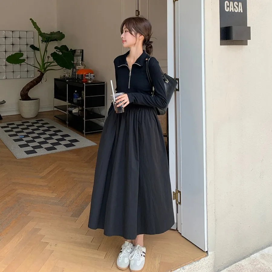 

【New style】French fake two-piece black long-sleeved dress for women's autumn new style Hepburn casual hoodie spliced long dress