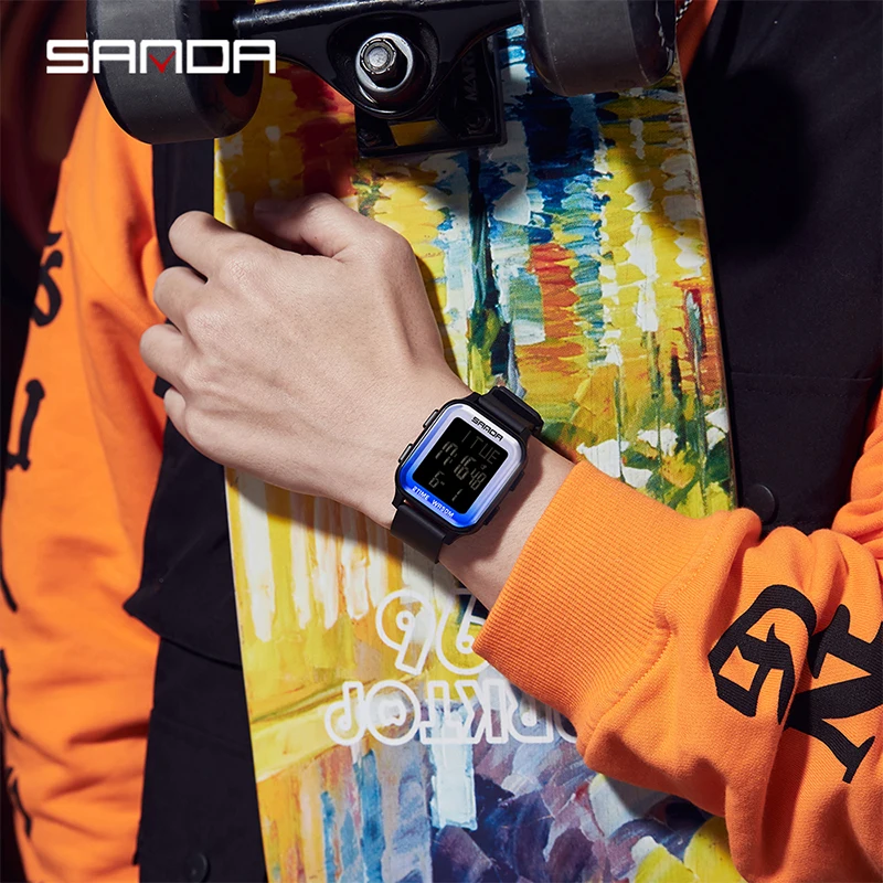 SANDA New Square Design LED Electronic Teenagers Watch Fashion Trend Multi Functional Waterproof Chronograph Clock Men\'s Watches