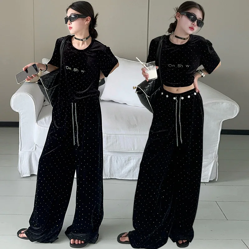 

Летний французский дизайн для девочек-подростков, блестящий комплект одежды, топы с горячим тиснением, футболка + широкие брюки, комплект из 2 предметов для младшего ребенка, детская одежда