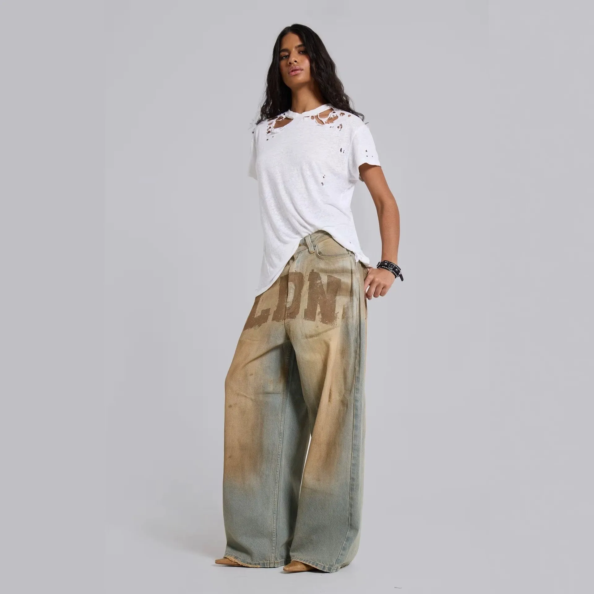 Y2K Cross-Border Vintage Washed Letter Print Denim Jeans High Waist Cotton Straight Leg Men's Streetwear Jaded Long Trousers