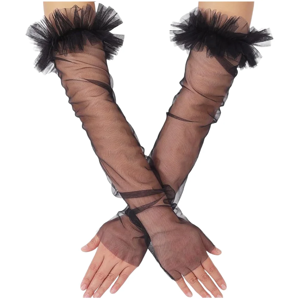 Ruffled Cuffs Mesh Sleevelets Gloves Black White for Bride Wedding Opera Halloween Party and Formal Dress Accessory