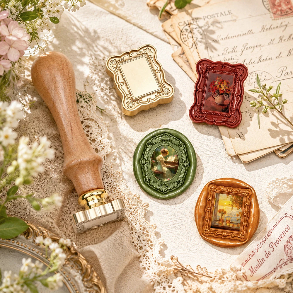 Frame Wax Seal Stamp,3D Embossed Relief Carving Brass Head and Wood Handle for