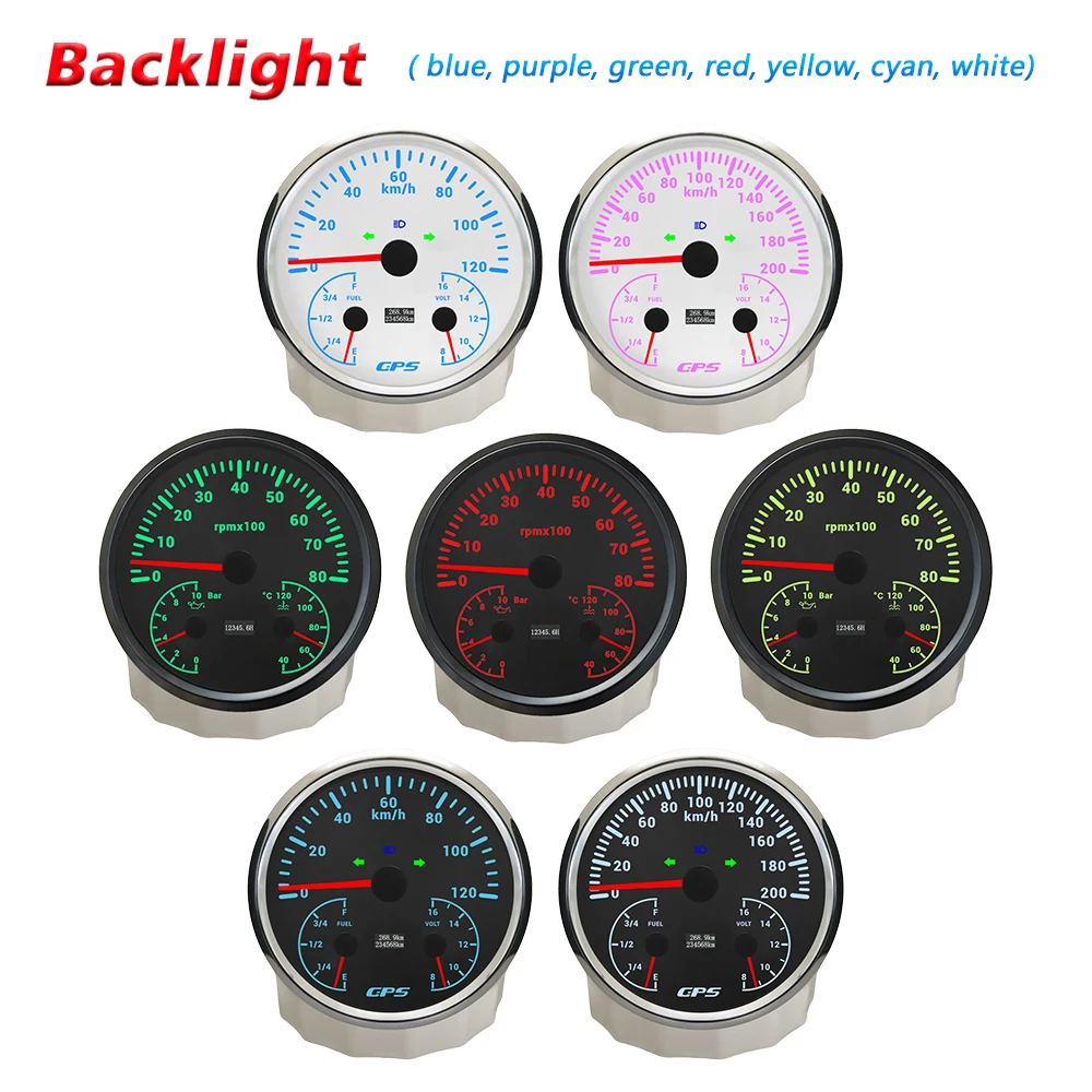 Rhaxel 110mm GPS Speedometer 0-120K 0-200KMH with 0-8000RPM Tachometer Fuel Level Oil Pressure Water Temperature with Backlight