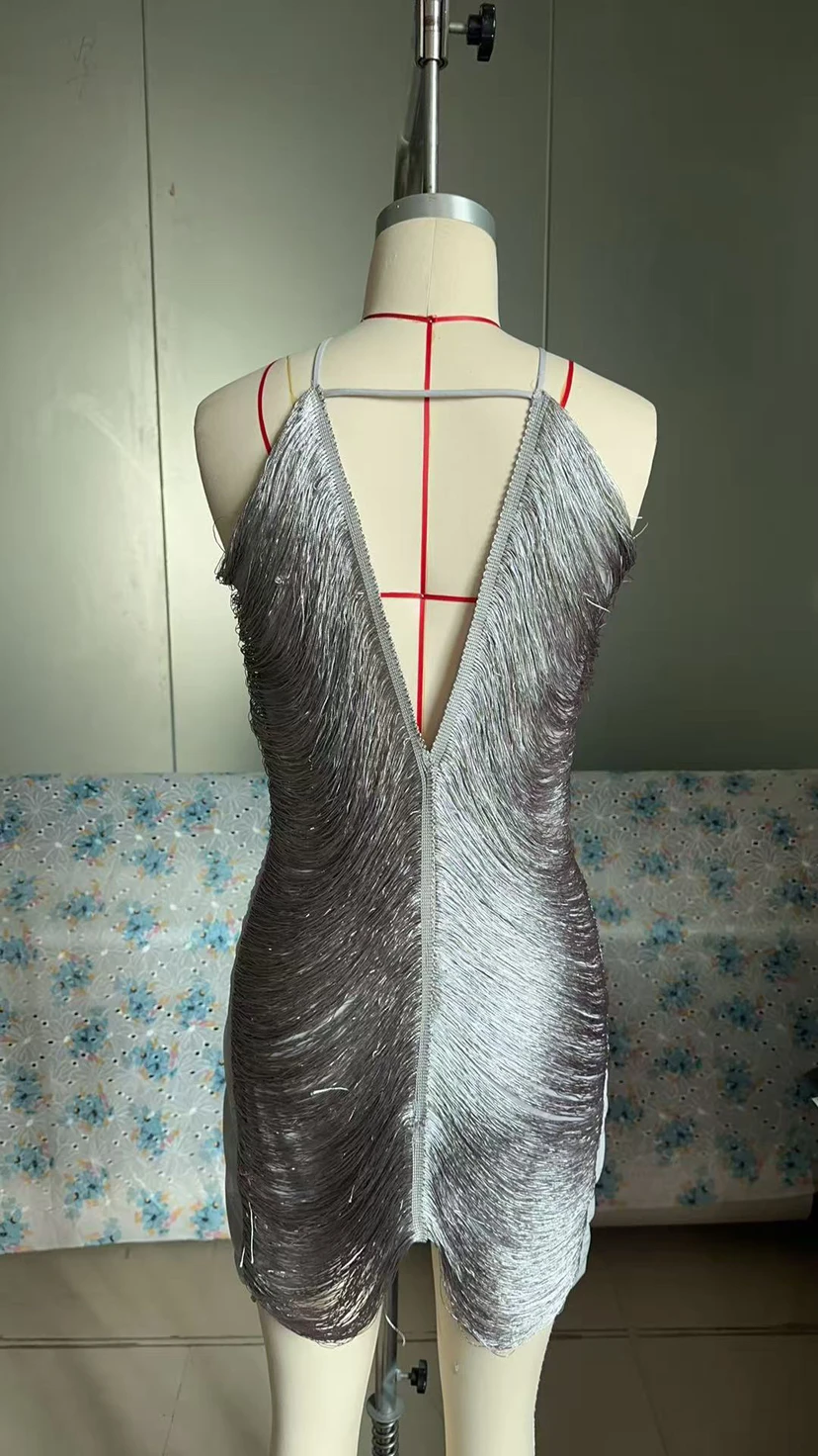 Fringe V-neck Mini Dress Halterneck Vestidos Women Elegant Cut Out Short Dress Fashion Patchwork Asymmetric Tassel Decor Dresses