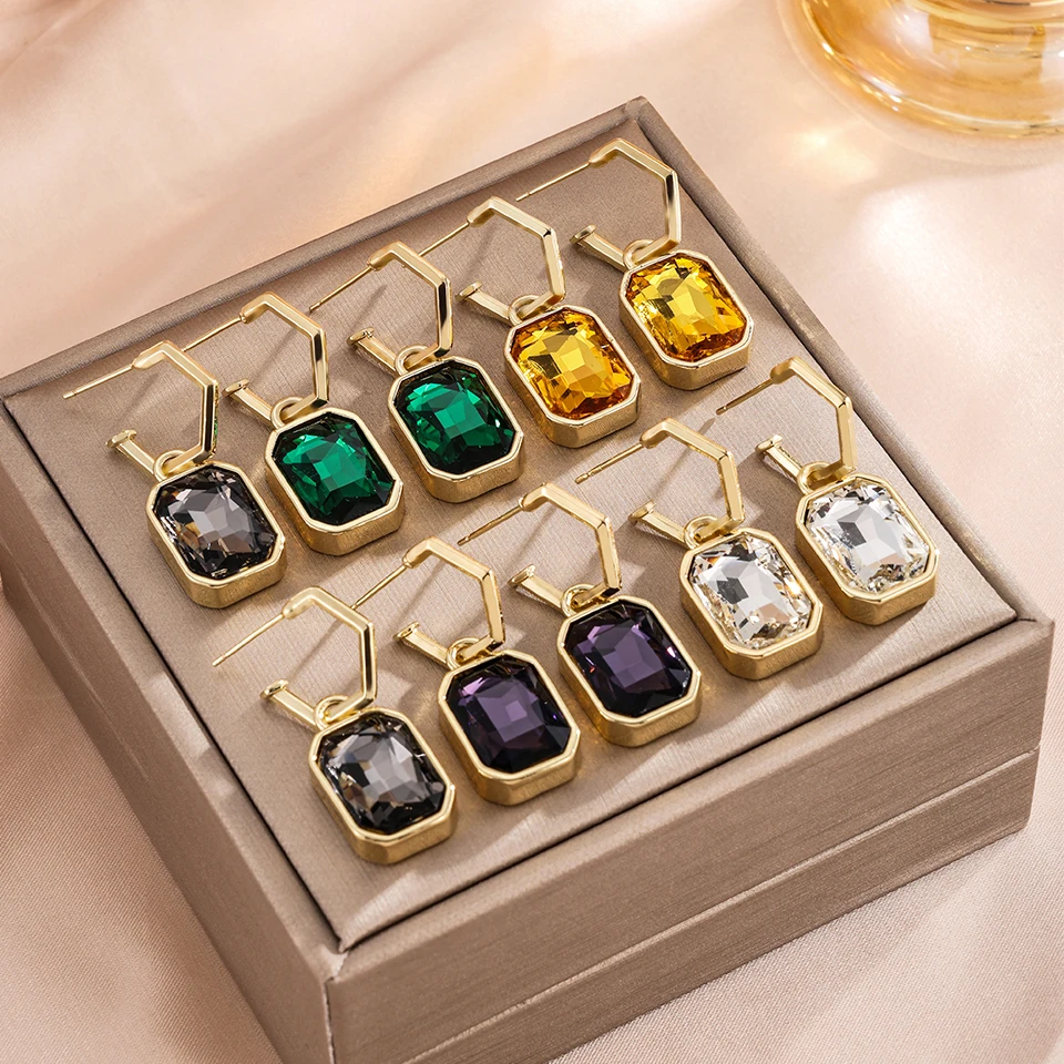 ZAKOL Französisch Trendy Rechteckige Kristall CZ Tropfen Ohrringe für Frauen Bunte Stein Quadrat Mode Party Ohrring Schmuck