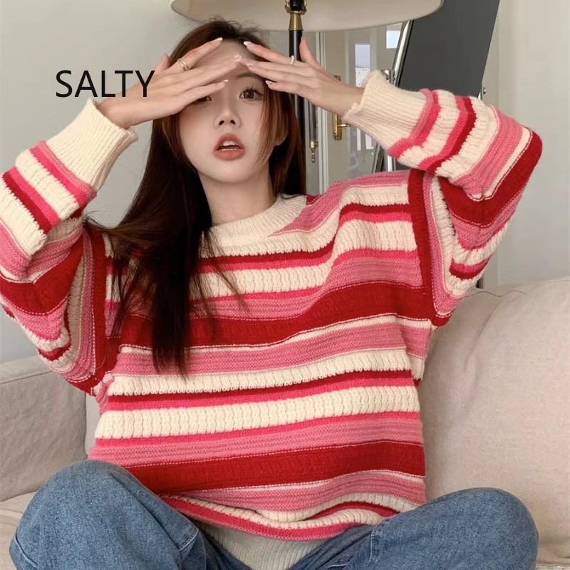 

2025 Japanese Colorful Striped Knit Sweater Women Spring and Autumn New Loose Style Sweater Woman