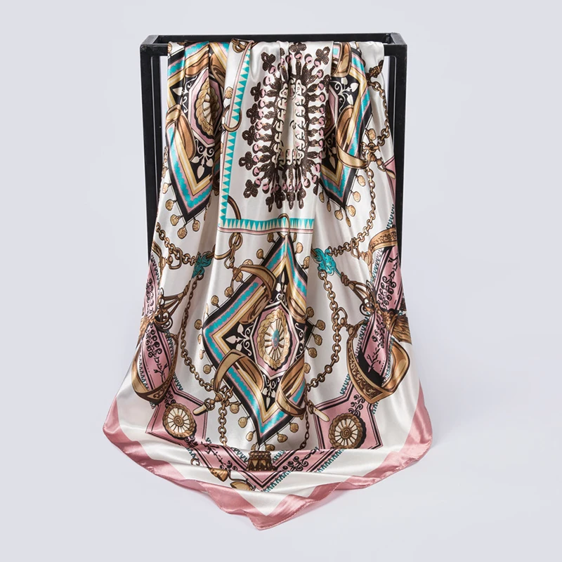 Satin Square Scarf Women Muslim Hijab Elegant 2026 Chains Print Neckerchief Shawl Wraps Headband Handle Hair Accessories Bandana view 6