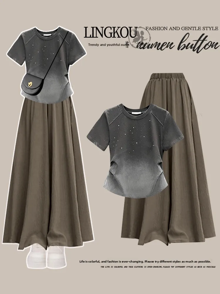 

Korean Style plus Size Fashion Set Summer Gradient Color Slim Fit T-Shirt Women's High Waist Drapey A-Line Skirt Pants