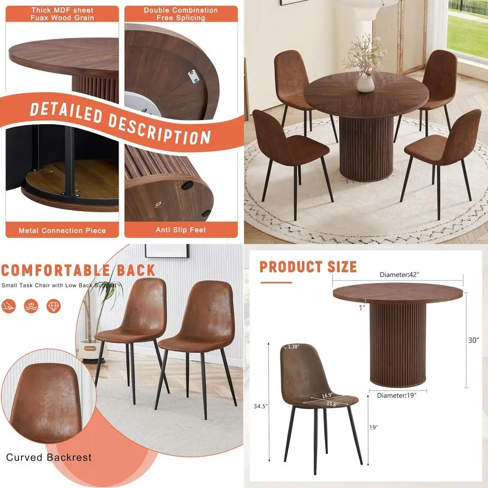 Walnut 5-Piece Dining Set: Elegant Round Table with 4 Suede Chairs for Kitchen or Dining Room