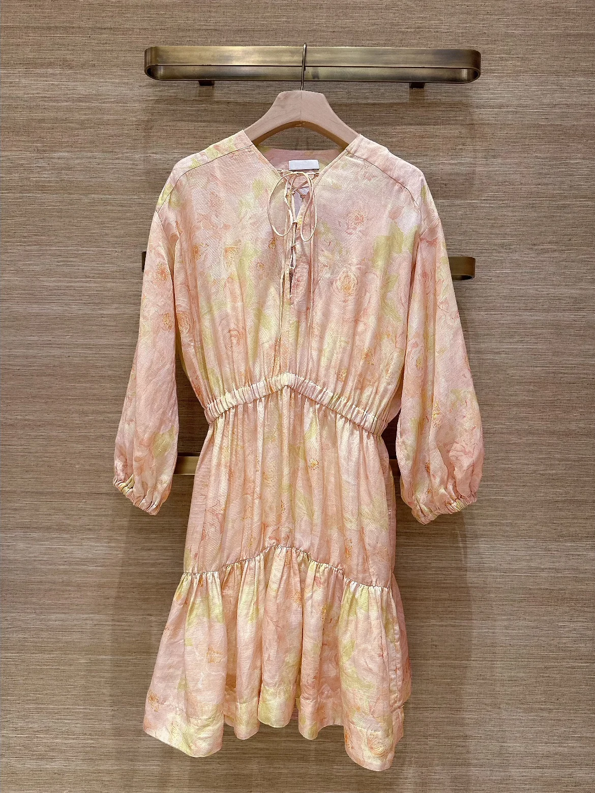 

Silky Floral Gradient Maxi Dress with Necktie Holiday Style Women's Gown Viscose Linen Blend Long Sleeve Waist Cinched