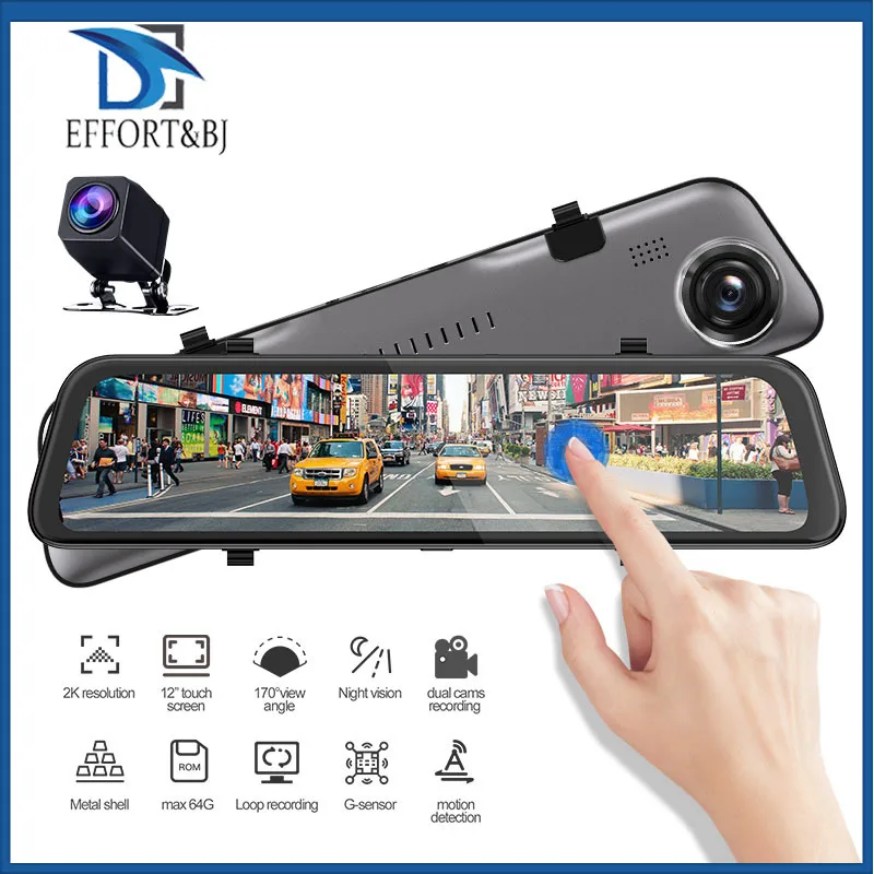 Effort&BJ 2K Front Car Dvr 12'' 1080P Rear view HD Mirror Camera Dual Lens Video Night Vision Dash Cam Sliding display Recorder