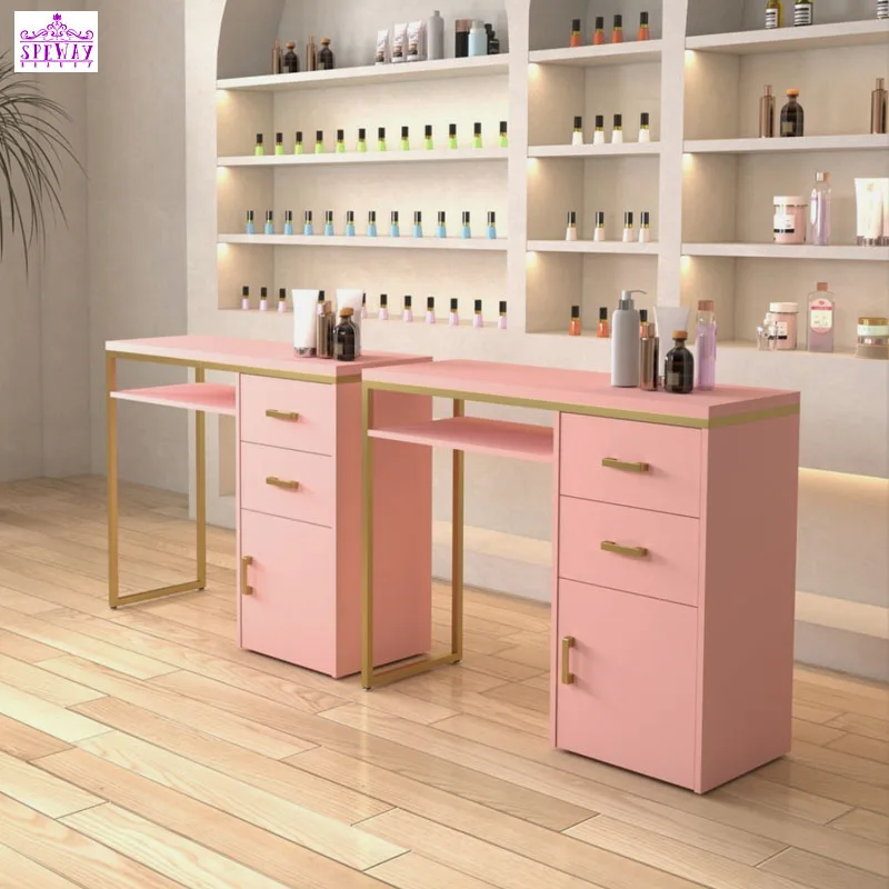Pink and Gold Simple Style Nail Salon Furniture Manicure Table and Chair Set Lovely Nail Desk Table - view 4