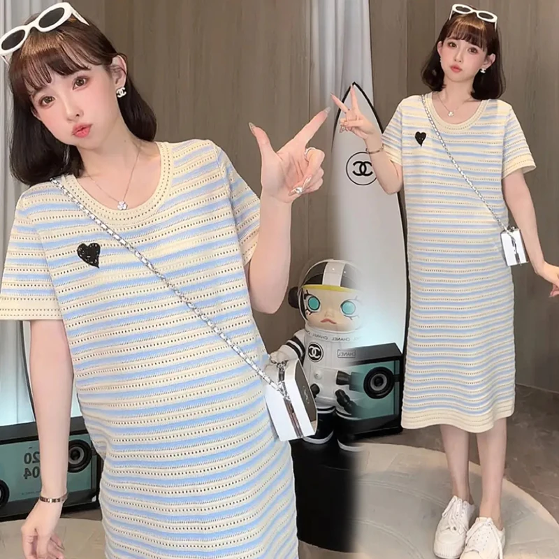 

Loose Pregnant Women's Summer Dress Short Sleeve O-Neck Hollowed Out Knitting Dress Block Color Striped Maternity Straight Dress