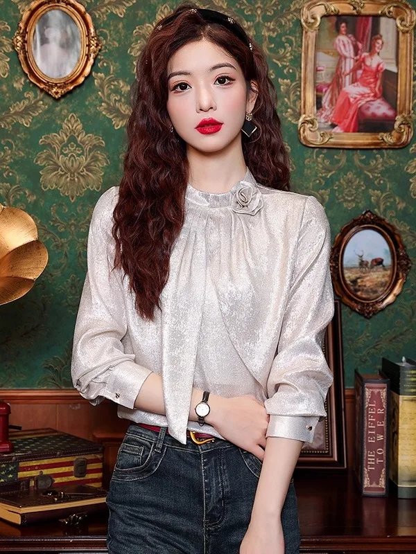 

Ele Long Sve Stand Collar Versatile irt Women's Faionable Top Agel Chic Spring 2026 New Arrival Silk Blend Poly...