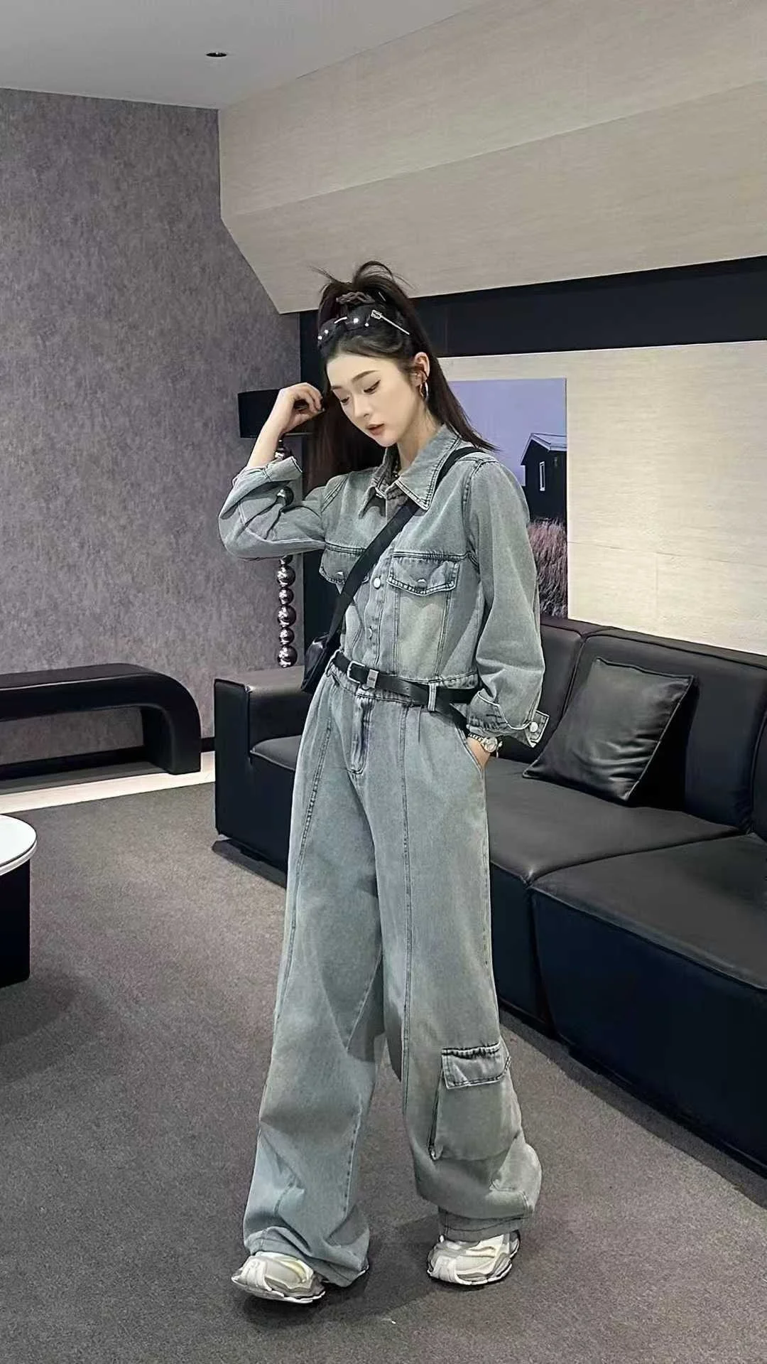 

High-End Denim Onesie Women's Spring 2026 New Workwear Slimming Faionable Suit Set Elely Designed Jumpsuit Ensemble