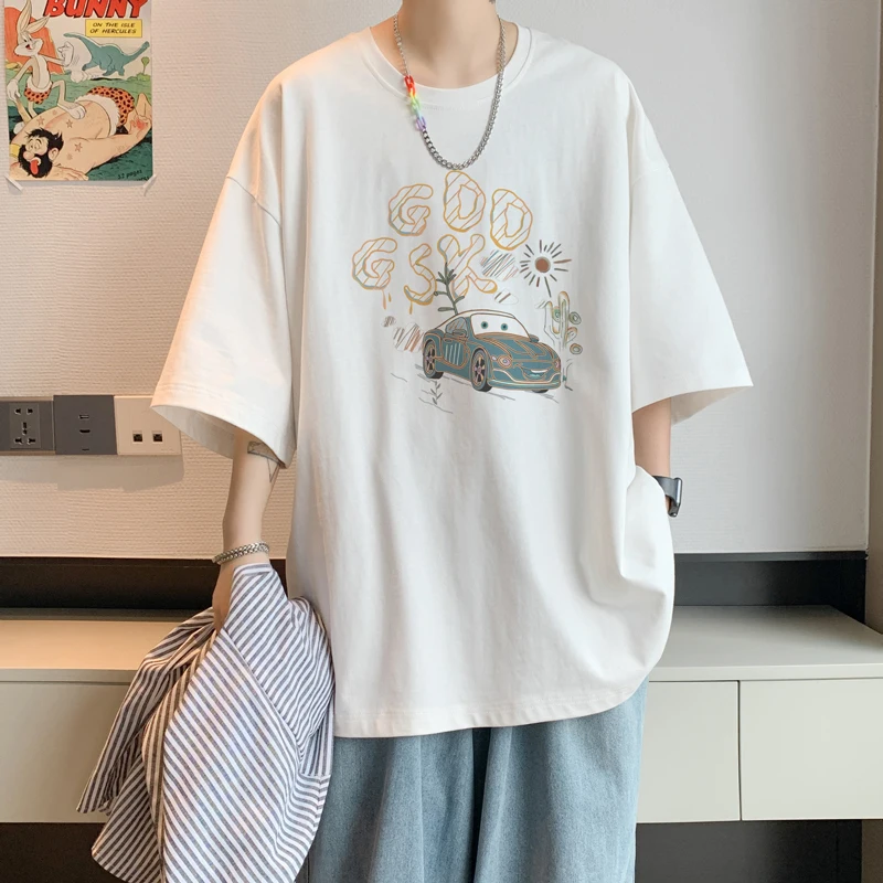 

Youthful Cotton f Sve T-irt for High School Students Men's Oversize Casual Breathable Summer Top with Cartoon Print
