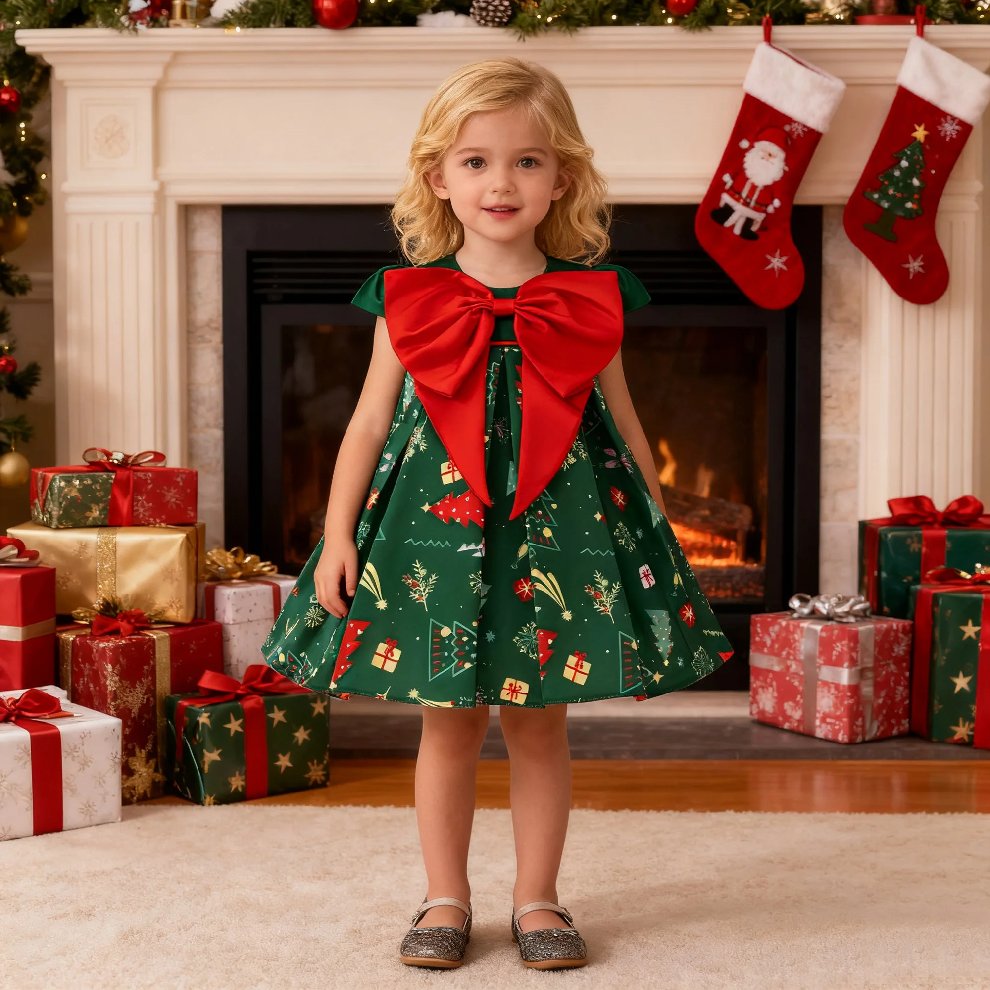 

Рождественское платье с красным бантом для маленьких девочек, свадебные костюмы, снежинка, олень, свадебные платья принцессы на первый день рождения, одежда для девочек