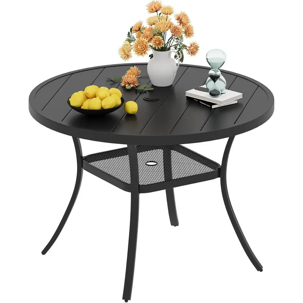 

40.6 Round Outdoor Dining Table with Umbrella Hole and Storage Shelf for Patio, Garden, Lawn, Deck - Black