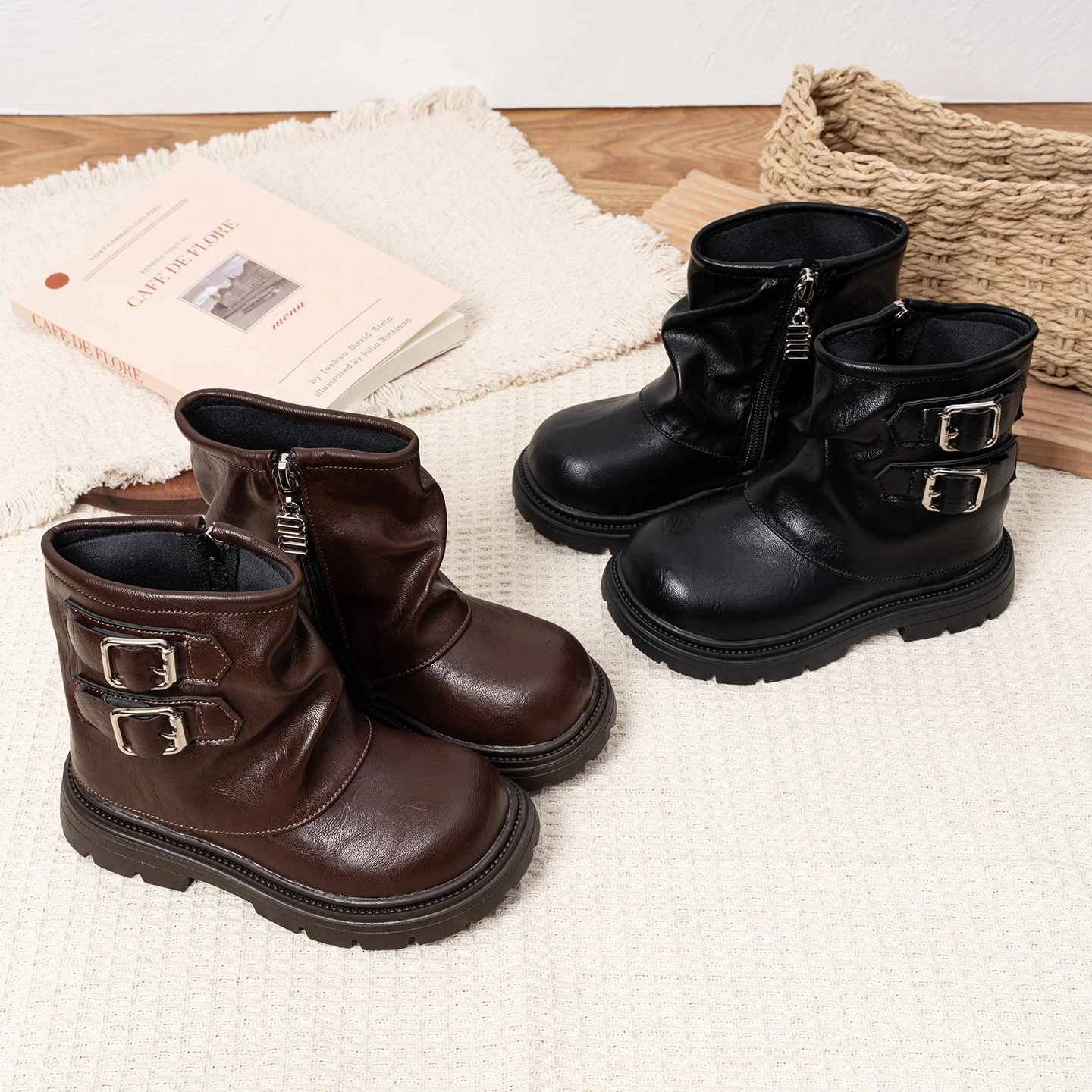 Toddler Girls Ruched Ankle Boots, Double Buckle Decor, Side Zipper, Thick Non Slip Sole, Vintage Short Boots for Autumn Winter