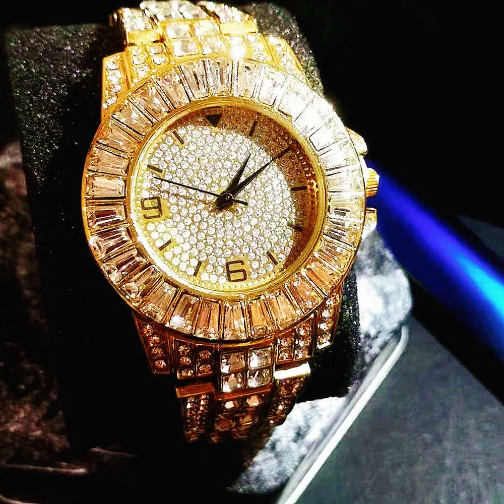 2Pcs ชุด Iced Out นาฬิกา + สร้อยข้อมือเทนนิสสำหรับผู้ชายผู้หญิงง่าย Hip Hop Gold Ladies นาฬิกาข้อมือ Relojes para Mujer ของขวัญ