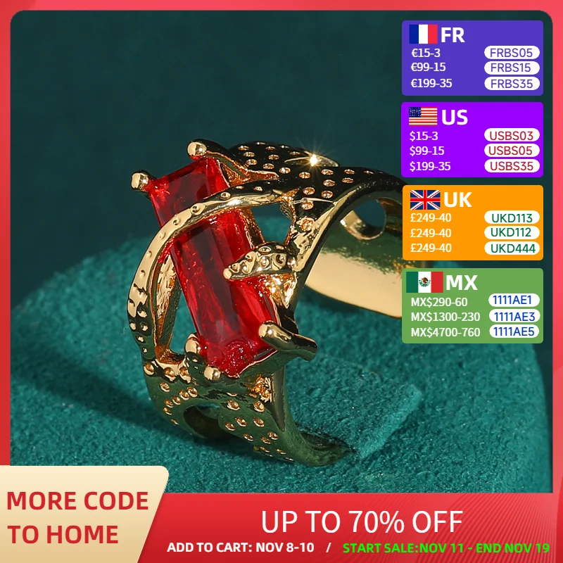 

Luxury Dubai Jewelry 18k Gold Color Red Rectangle Crystal Rings Chunky Vintage Antique Woman Designer Accessories 2025 Trends