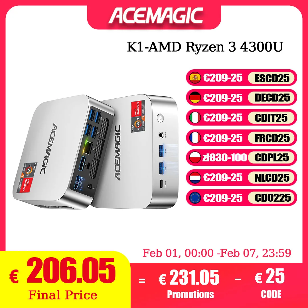 ACEMAGIC K1 MINI PC AMD Ryzen 3 4300U 16GB RAM 512GB SSD Windows 11 Pro MINI Komputer Wifi5 BT4.2 4K Potrójny Wyświetlacz