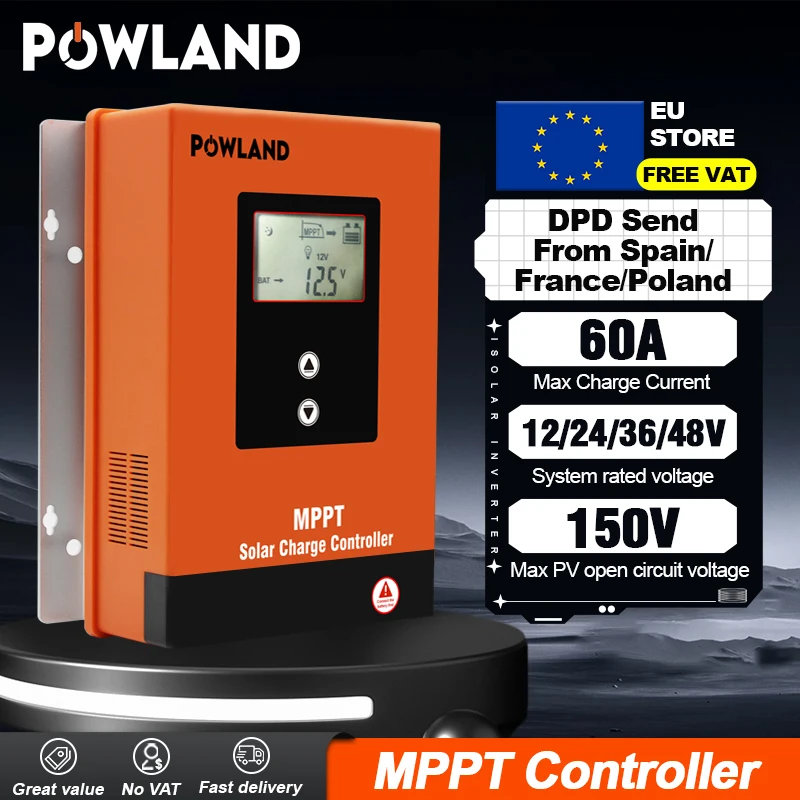 POWLAND MPPT Solar Charger Controller 20A 30A 40A 60A 12V 24V 36V48V Solar Panel Regulator With LCD Display MAX PV 150VDC